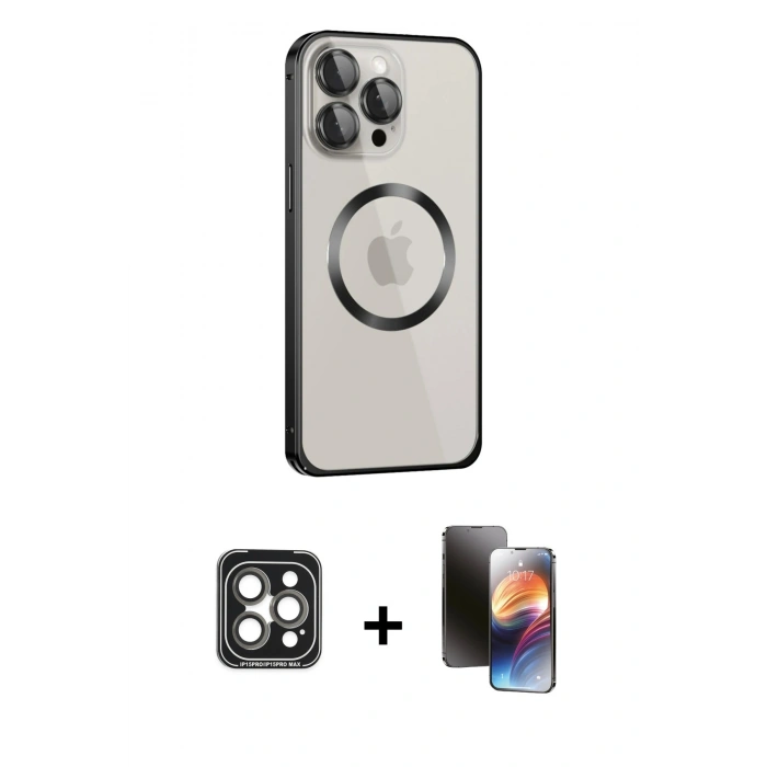 MARSİLYAN™- iPhone 15 Pro Max Kılıf Ahenk Işık Serisi - Siyah 3D Antistatik Mat Seramik Nano Ekran Koruyucu + PVD Metal Kamera Lens - GI