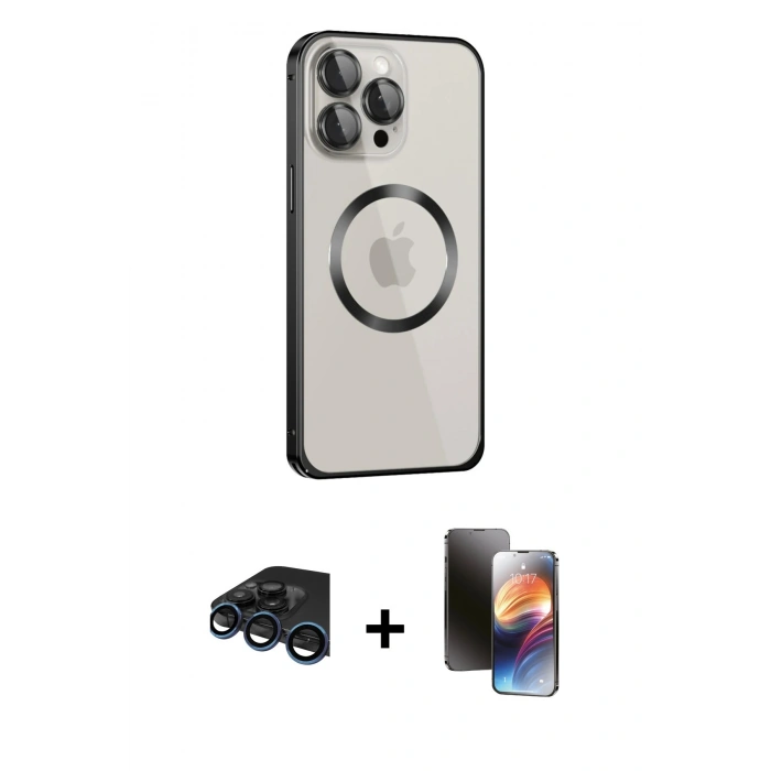 MARSİLYAN™- iPhone 15 Pro Max Kılıf Ahenk Işık Serisi - Siyah 3D Antistatik Mat Seramik Nano Ekran Koruyucu + Raze Metal Kamera Lens - LT