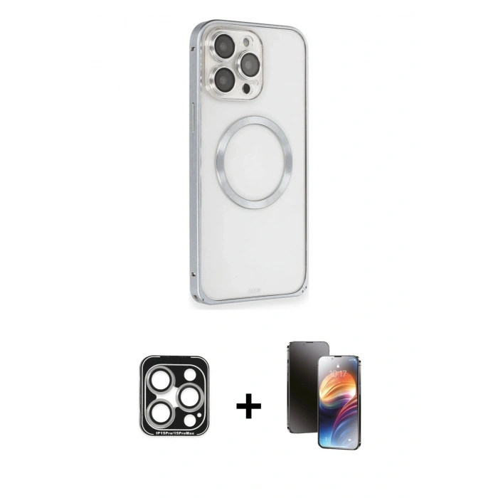 MARSİLYAN™- iPhone 15 Pro Max Kılıf Ahenk Işık Serisi - Siyah 3D Antistatik Mat Seramik Nano Ekran Koruyucu + PVD Metal Kamera Lens - GS
