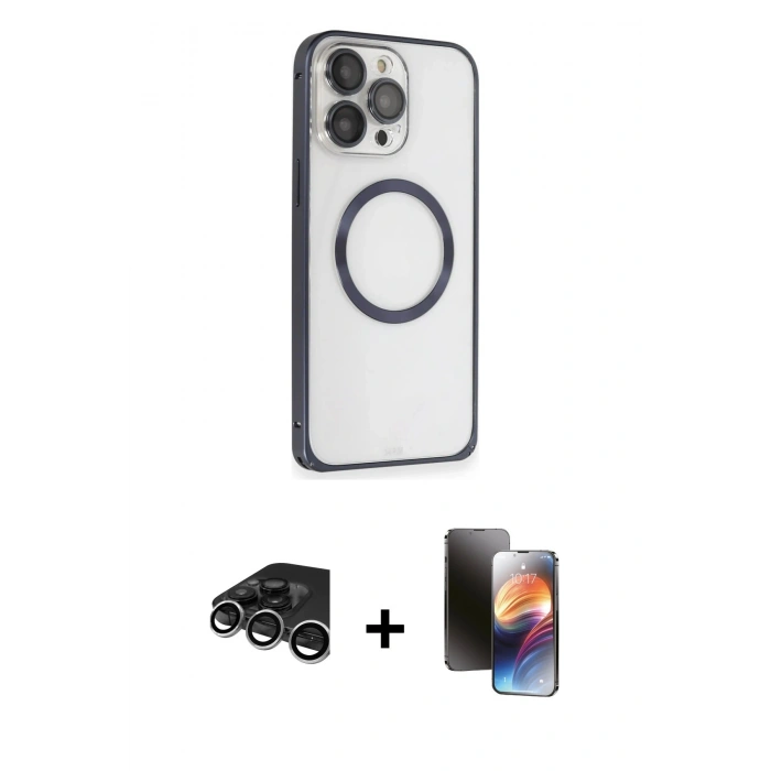 MARSİLYAN™- iPhone 15 Pro Max Kılıf Ahenk Işık Serisi - Siyah 3D Antistatik Mat Seramik Nano Ekran Koruyucu + Gümüş Raze Metal Kamera Lens