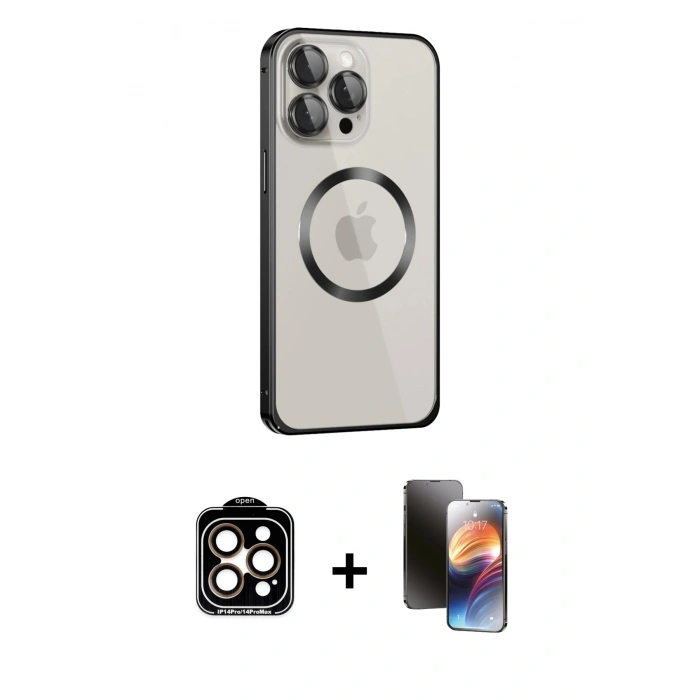 MARSİLYAN™- iPhone 15 Pro Max Kılıf Ahenk Işık Serisi - Siyah 3D Antistatik Mat Seramik Nano Ekran Koruyucu + PVD Metal Kamera Lens - TU