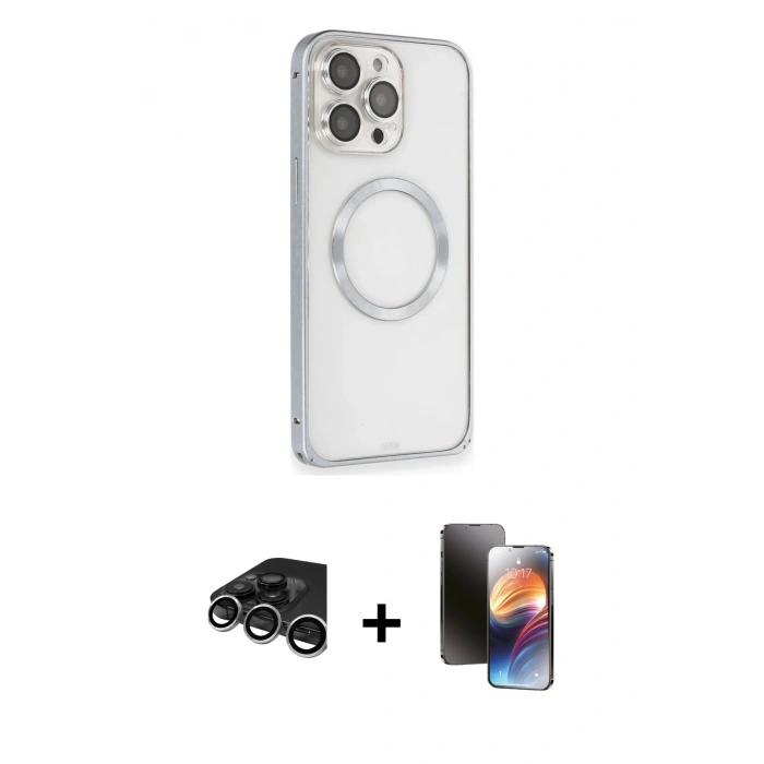 MARSİLYAN™- iPhone 15 Pro Max Kılıf Ahenk Işık Serisi - Siyah 3D Antistatik Mat Seramik Nano Ekran Koruyucu + Gümüş Raze Metal Kamera Lens