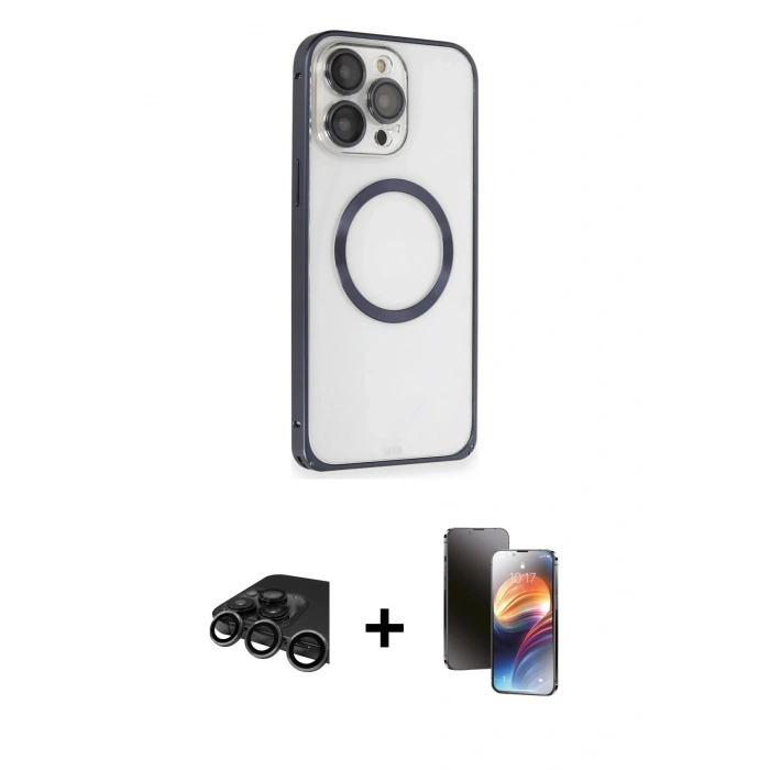 MARSİLYAN™- iPhone 15 Pro Max Kılıf Ahenk Işık Serisi - Siyah 3D Antistatik Mat Seramik Nano Ekran Koruyucu + Raze Metal Kamera Lens - TMGI