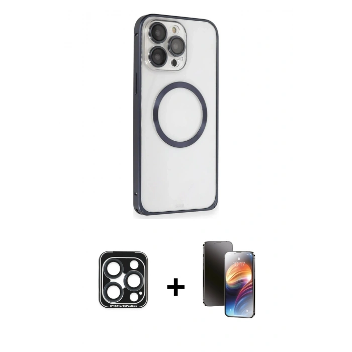 MARSİLYAN™- iPhone 15 Pro Max Kılıf Ahenk Işık Serisi - Siyah 3D Antistatik Mat Seramik Nano Ekran Koruyucu + PVD Metal Kamera Lens - LT