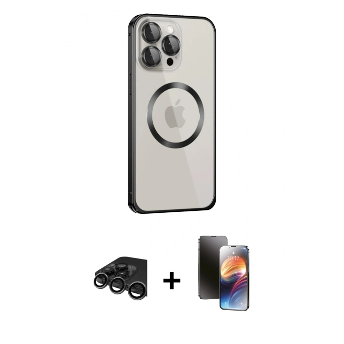 MARSİLYAN™- iPhone 15 Pro Max Kılıf Ahenk Işık Serisi - Siyah 3D Antistatik Mat Seramik Nano Ekran Koruyucu + Raze Metal Kamera Lens - TMGI