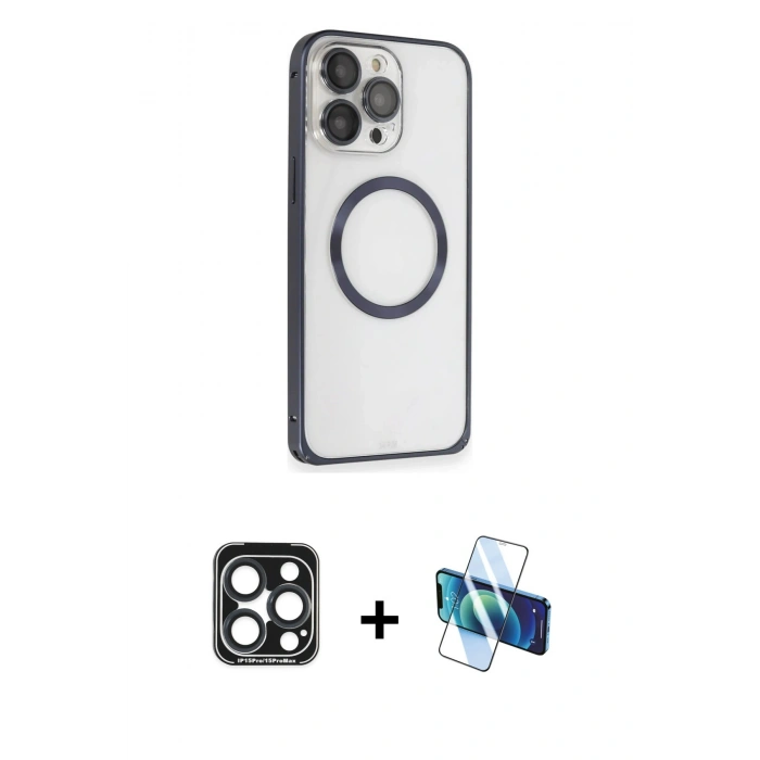 MARSİLYAN™- iPhone 15 Pro Max Kılıf Ahenk Işık Serisi - Siyah 3D Antistatik Seramik Nano Ekran Koruyucu + PVD Metal Kamera Lens - LT