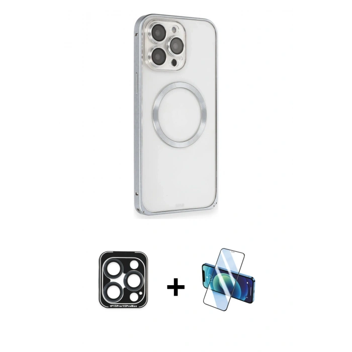 MARSİLYAN™- iPhone 15 Pro Max Kılıf Ahenk Işık Serisi - Siyah 3D Antistatik Seramik Nano Ekran Koruyucu + PVD Metal Kamera Lens - LT