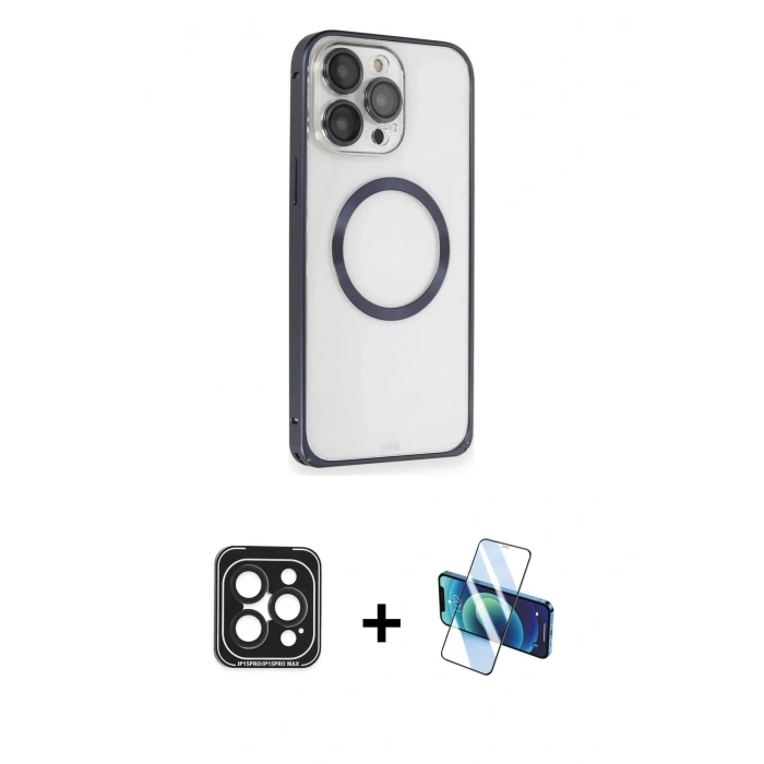MARSİLYAN™- iPhone 15 Pro Max Kılıf Ahenk Işık Serisi - Siyah 3D Antistatik Seramik Nano Ekran Koruyucu + Siyah PVD Metal Kamera Lens