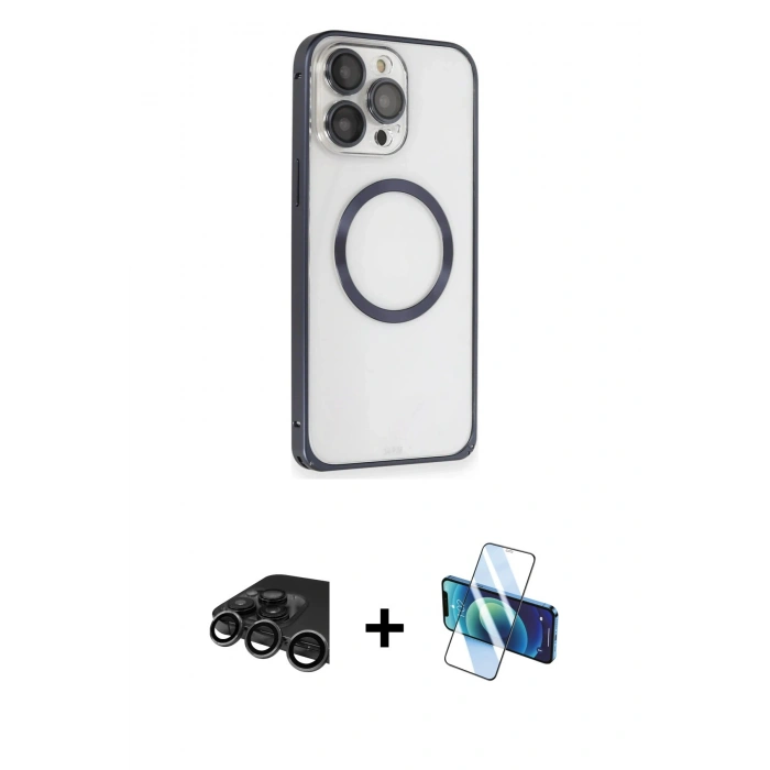 MARSİLYAN™- iPhone 15 Pro Max Kılıf Ahenk Işık Serisi - Siyah 3D Antistatik Seramik Nano Ekran Koruyucu + Raze Metal Kamera Lens - TMGI