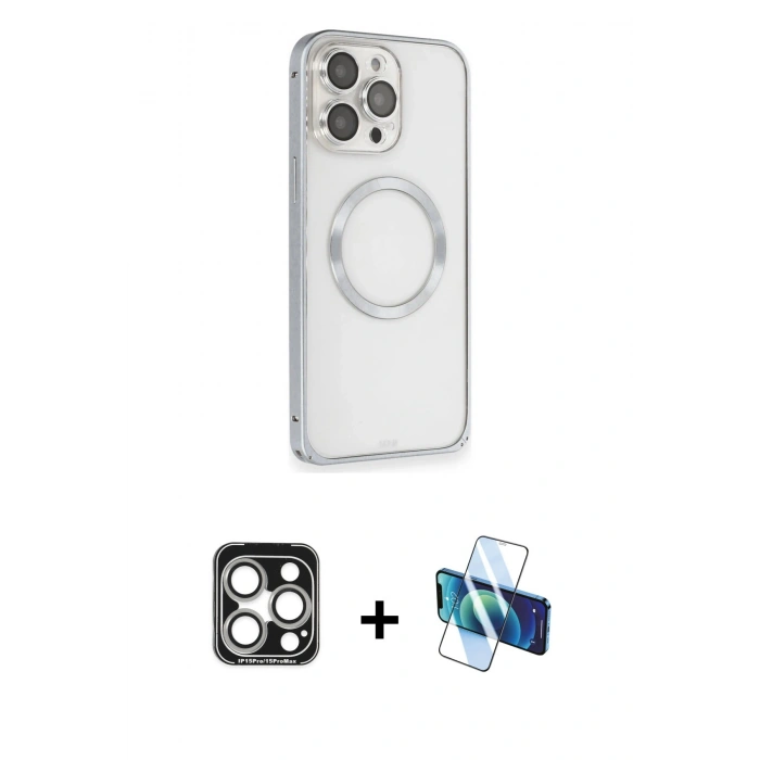 MARSİLYAN™- iPhone 15 Pro Max Kılıf Ahenk Işık Serisi - Siyah 3D Antistatik Seramik Nano Ekran Koruyucu + PVD Metal Kamera Lens - GS