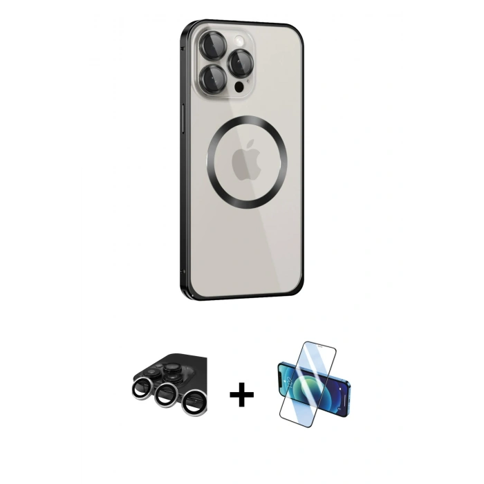 MARSİLYAN™- iPhone 15 Pro Max Kılıf Ahenk Işık Serisi - Siyah 3D Antistatik Seramik Nano Ekran Koruyucu + Raze Metal Kamera Lens - GS