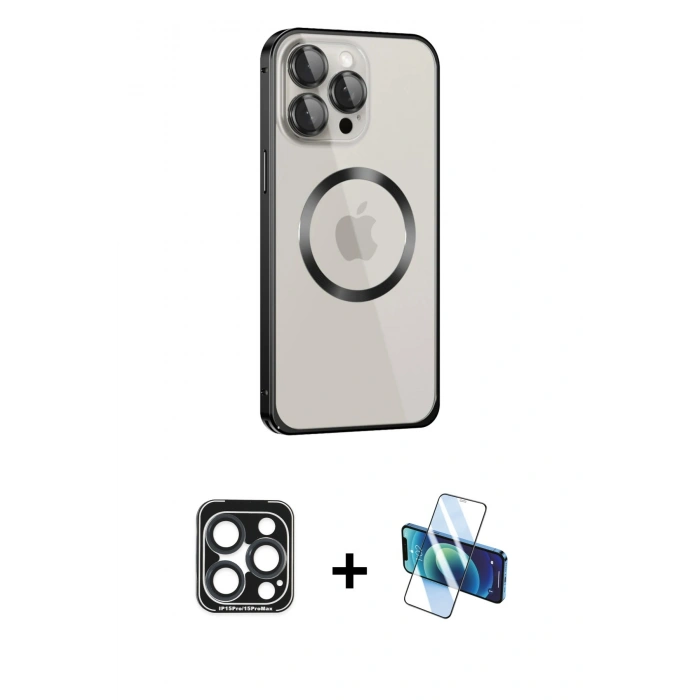 MARSİLYAN™- iPhone 15 Pro Max Kılıf Ahenk Işık Serisi - Siyah 3D Antistatik Seramik Nano Ekran Koruyucu + PVD Metal Kamera Lens - LT