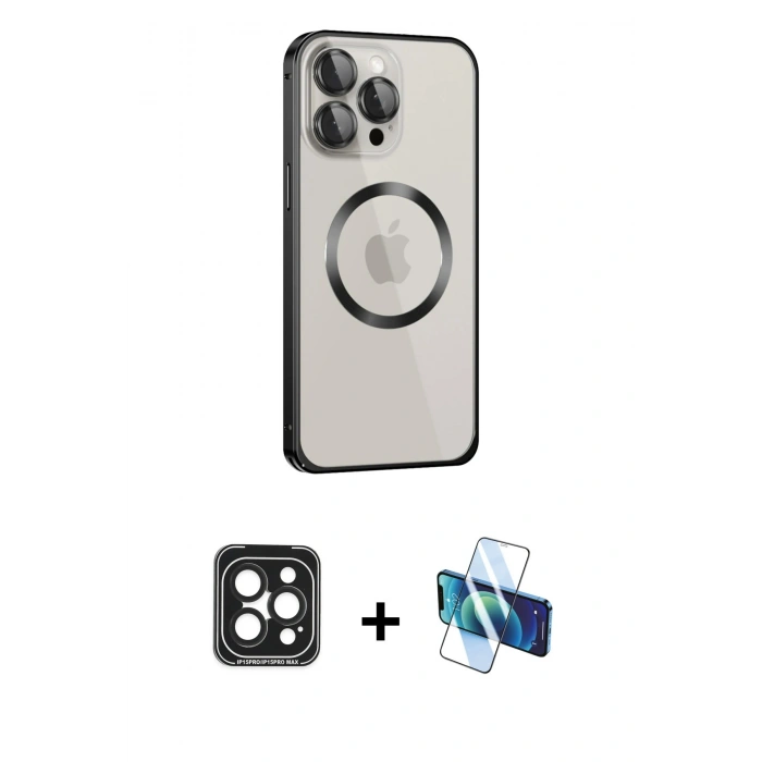 MARSİLYAN™- iPhone 15 Pro Max Kılıf Ahenk Işık Serisi - Siyah 3D Antistatik Seramik Nano Ekran Koruyucu + Siyah PVD Metal Kamera Lens