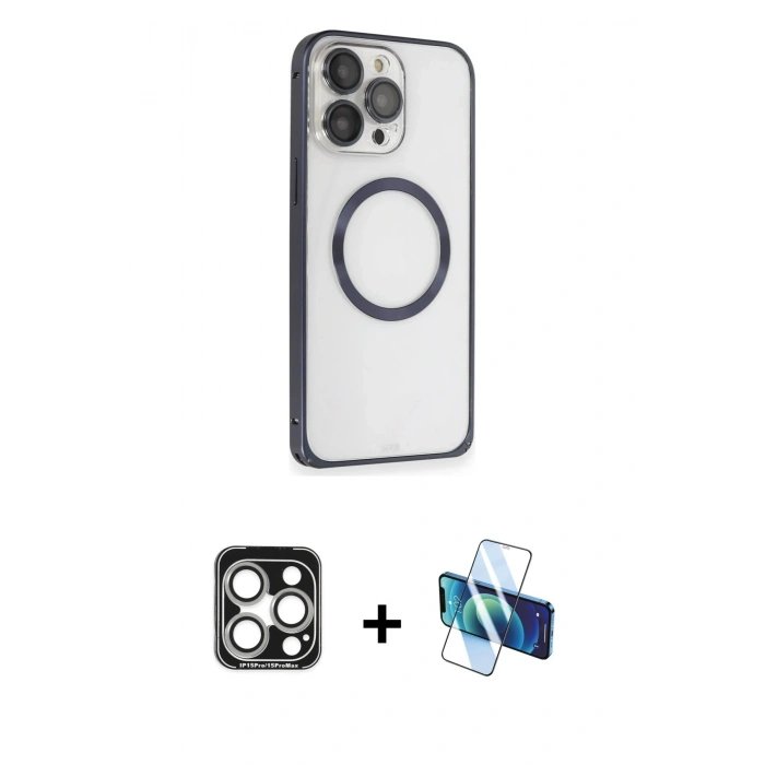 MARSİLYAN™- iPhone 15 Pro Max Kılıf Ahenk Işık Serisi - Siyah 3D Antistatik Seramik Nano Ekran Koruyucu + PVD Metal Kamera Lens - GS
