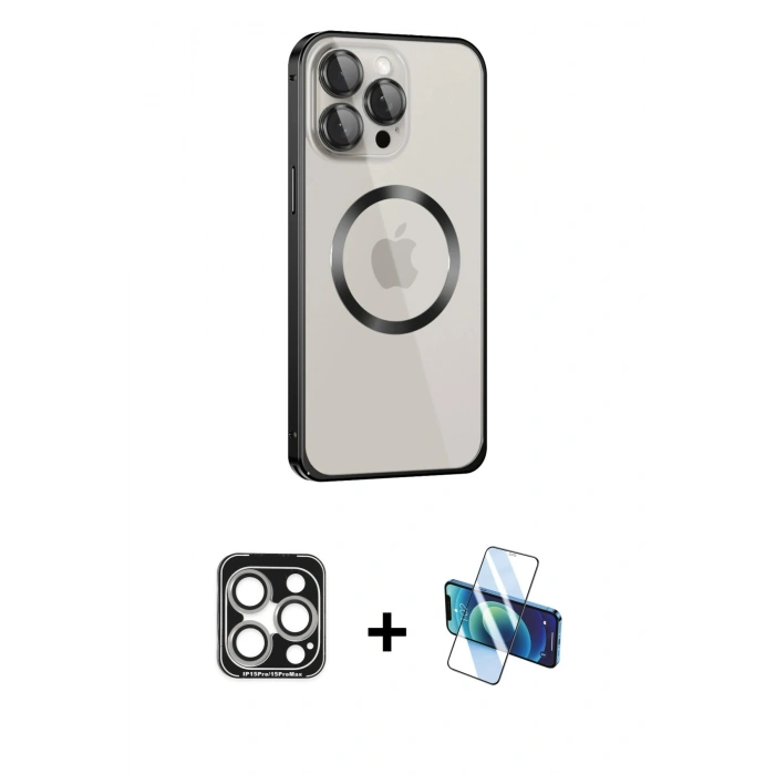 MARSİLYAN™- iPhone 15 Pro Max Kılıf Ahenk Işık Serisi - Siyah 3D Antistatik Seramik Nano Ekran Koruyucu + PVD Metal Kamera Lens - GS