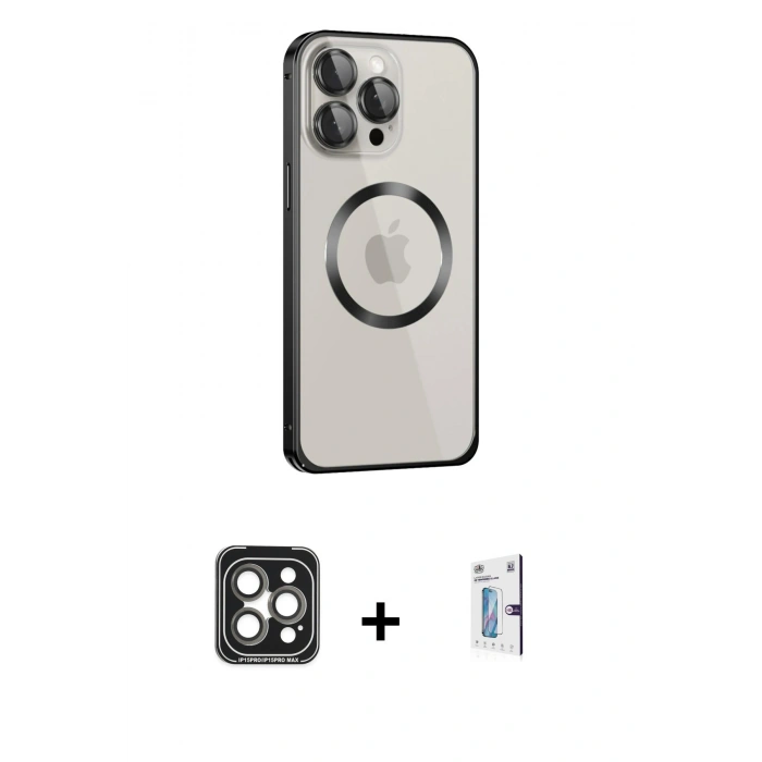 MARSİLYAN™- iPhone 15 Pro Max Kılıf Ahenk Işık Serisi - Siyah Bilvis 0.18mm Plus Cam Ekran Koruyucu + PVD Metal Kamera Lens - GI