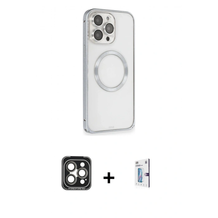 MARSİLYAN™- iPhone 15 Pro Max Kılıf Ahenk Işık Serisi - Siyah Bilvis 0.18mm Plus Cam Ekran Koruyucu + PVD Metal Kamera Lens - GI