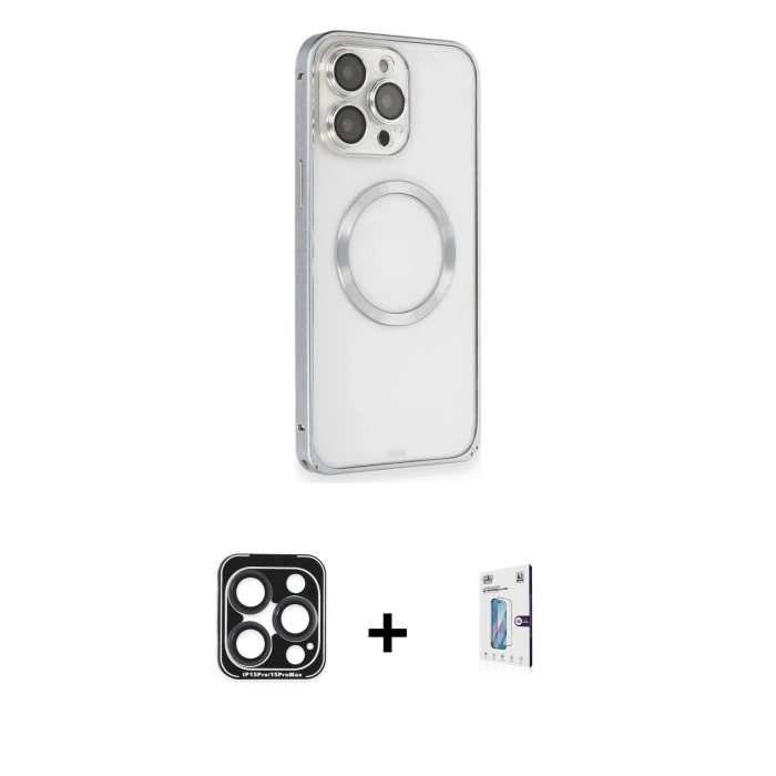 MARSİLYAN™- iPhone 15 Pro Max Kılıf Ahenk Işık Serisi - Siyah Bilvis 0.18mm Plus Cam Ekran Koruyucu + PVD Metal Kamera Lens - LT