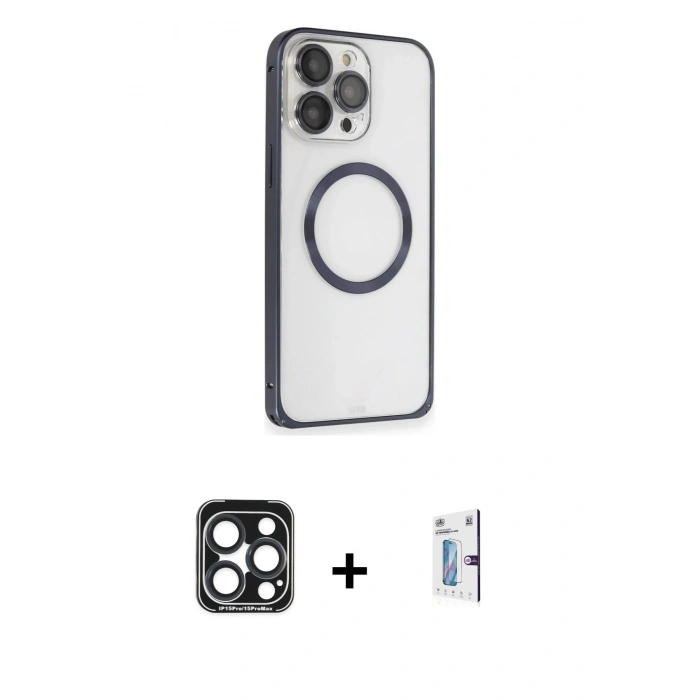 MARSİLYAN™- iPhone 15 Pro Max Kılıf Ahenk Işık Serisi - Siyah Bilvis 0.18mm Plus Cam Ekran Koruyucu + PVD Metal Kamera Lens - LT