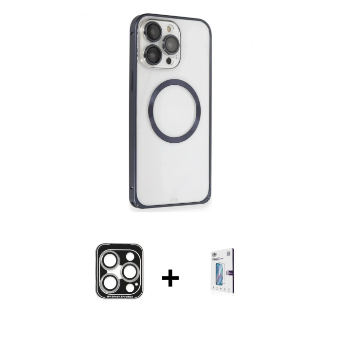 MARSİLYAN™- iPhone 15 Pro Max Kılıf Ahenk Işık Serisi - Siyah Bilvis 0.18mm Plus Cam Ekran Koruyucu + PVD Metal Kamera Lens - GS