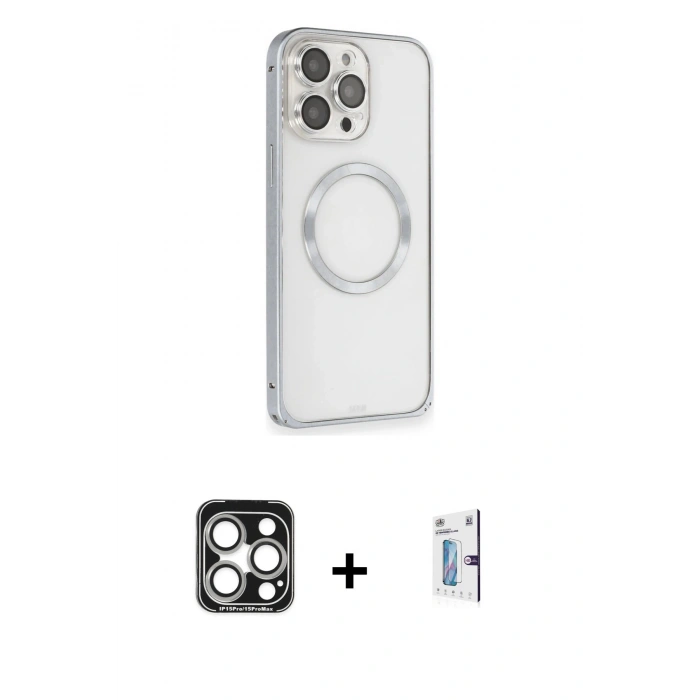 MARSİLYAN™- iPhone 15 Pro Max Kılıf Ahenk Işık Serisi - Siyah Bilvis 0.18mm Plus Cam Ekran Koruyucu + PVD Metal Kamera Lens - GS