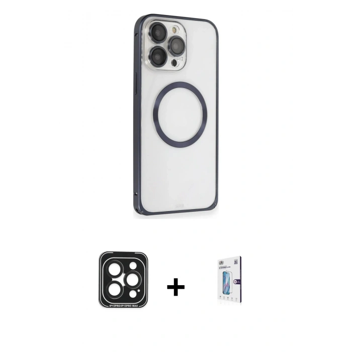 MARSİLYAN™- iPhone 15 Pro Max Kılıf Ahenk Işık Serisi - Siyah Bilvis 0.18mm Plus Cam Ekran Koruyucu + PVD Metal Kamera Lens - SH