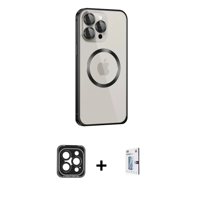 MARSİLYAN™- iPhone 15 Pro Max Kılıf Ahenk Işık Serisi - Siyah Bilvis 0.18mm Plus Cam Ekran Koruyucu + PVD Metal Kamera Lens - SH