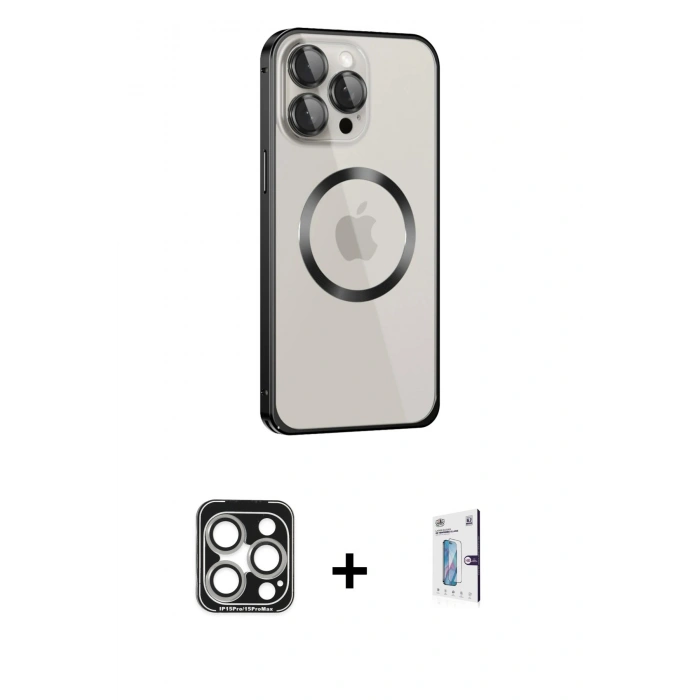 MARSİLYAN™- iPhone 15 Pro Max Kılıf Ahenk Işık Serisi - Siyah Bilvis 0.18mm Plus Cam Ekran Koruyucu + PVD Metal Kamera Lens - GS
