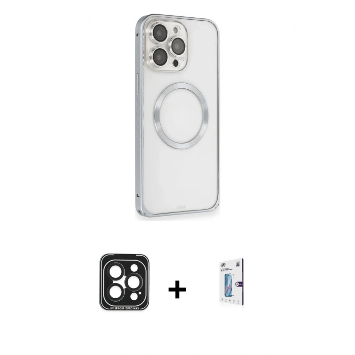 MARSİLYAN™- iPhone 15 Pro Max Kılıf Ahenk Işık Serisi - Siyah Bilvis 0.18mm Plus Cam Ekran Koruyucu + PVD Metal Kamera Lens - SH