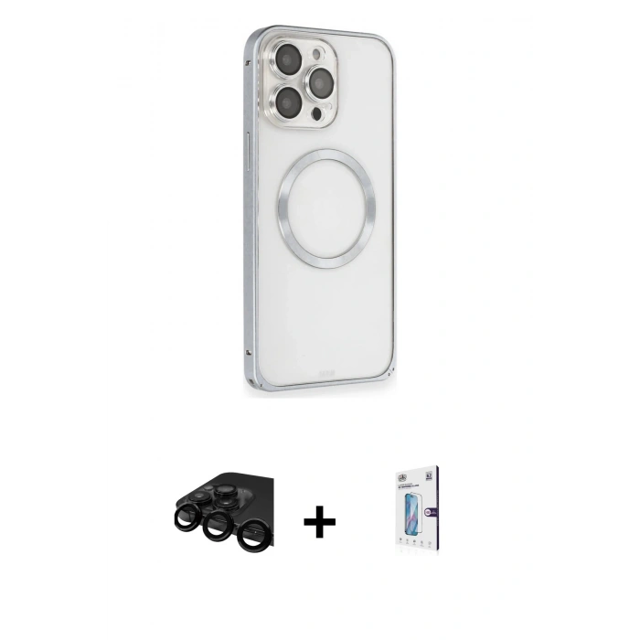 MARSİLYAN™- iPhone 15 Pro Max Kılıf Ahenk Işık Serisi - Siyah Bilvis 0.18mm Plus Cam Ekran Koruyucu + Raze Metal Kamera Lens - SH