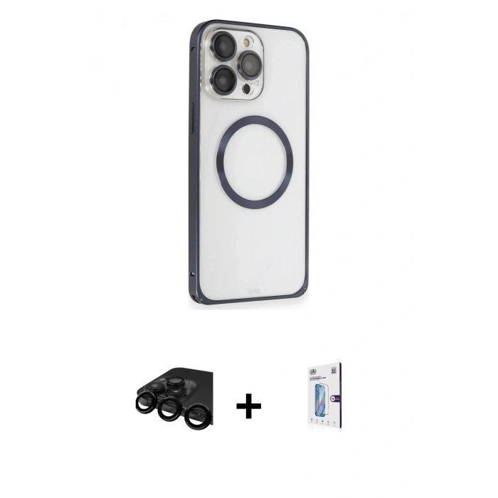 MARSİLYAN™- iPhone 15 Pro Max Kılıf Ahenk Işık Serisi - Siyah Bilvis 0.18mm Plus Cam Ekran Koruyucu + Raze Metal Kamera Lens - SH