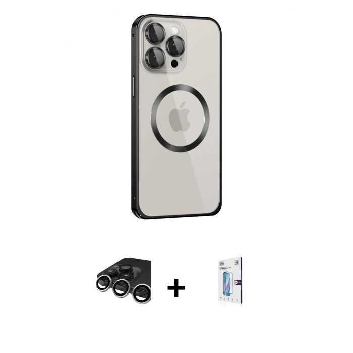 MARSİLYAN™- iPhone 15 Pro Max Kılıf Ahenk Işık Serisi - Siyah Bilvis 0.18mm Plus Cam Ekran Koruyucu + Raze Metal Kamera Lens - GS