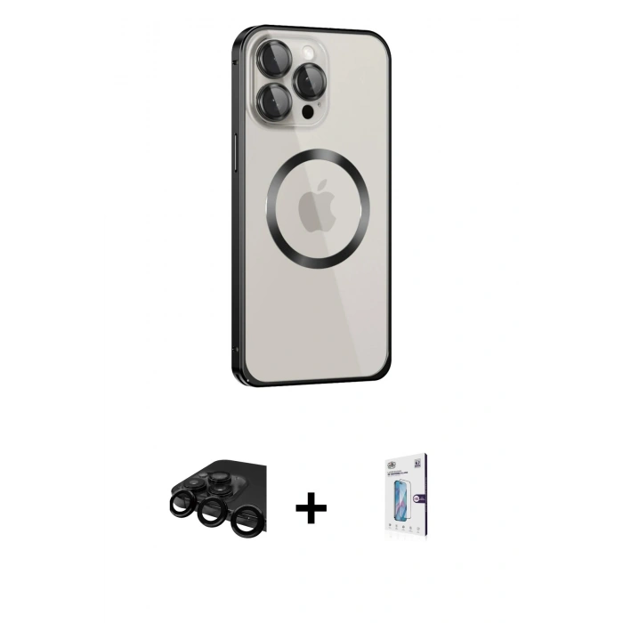 MARSİLYAN™- iPhone 15 Pro Max Kılıf Ahenk Işık Serisi - Siyah Bilvis 0.18mm Plus Cam Ekran Koruyucu + Raze Metal Kamera Lens - SH