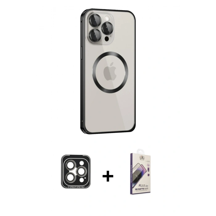 MARSİLYAN™- iPhone 15 Pro Max Kılıf Ahenk Işık Serisi - Siyah Bilvis 3D Mat Cam Ekran Koruyucu + PVD Metal Kamera Lens - GI