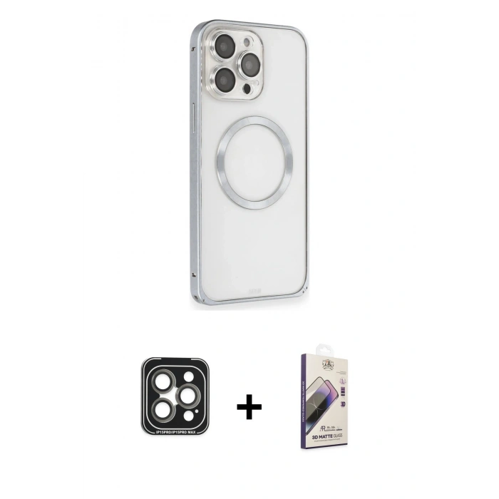 MARSİLYAN™- iPhone 15 Pro Max Kılıf Ahenk Işık Serisi - Siyah Bilvis 3D Mat Cam Ekran Koruyucu + PVD Metal Kamera Lens - GI