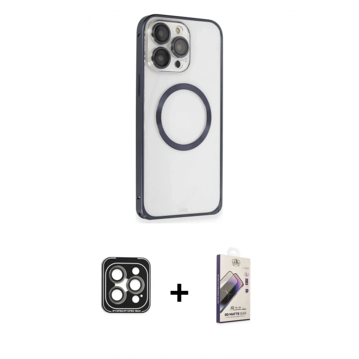 MARSİLYAN™- iPhone 15 Pro Max Kılıf Ahenk Işık Serisi - Siyah Bilvis 3D Mat Cam Ekran Koruyucu + PVD Metal Kamera Lens - GI