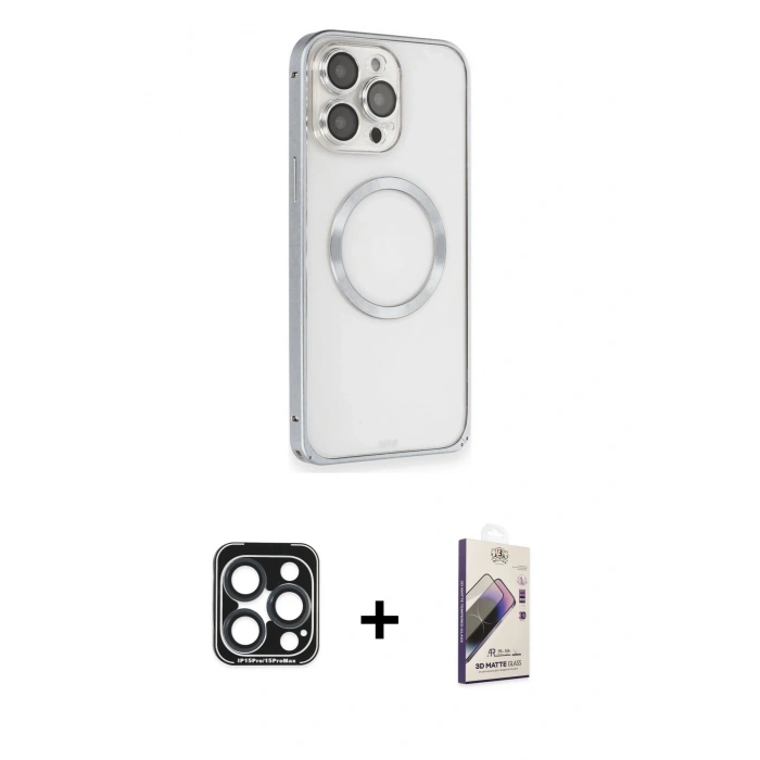 MARSİLYAN™- iPhone 15 Pro Max Kılıf Ahenk Işık Serisi - Siyah Bilvis 3D Mat Cam Ekran Koruyucu + Lacivert PVD Metal Kamera Lens