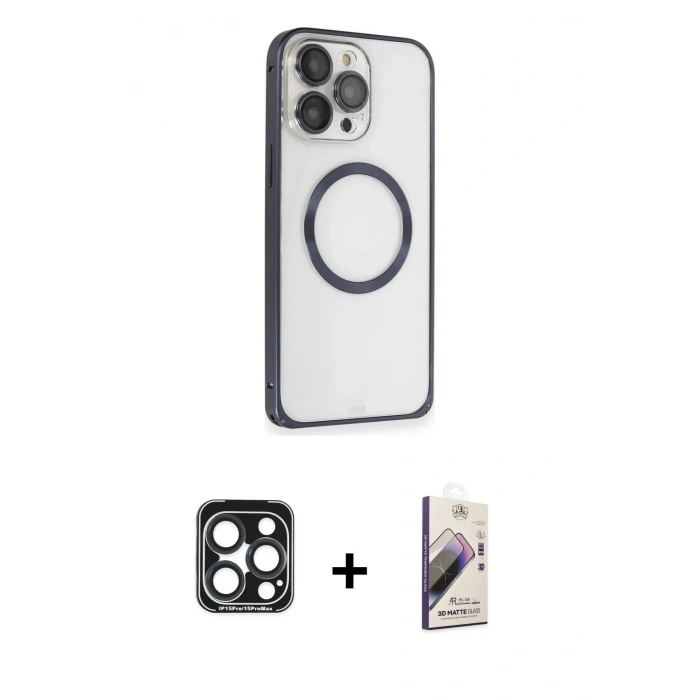 MARSİLYAN™- iPhone 15 Pro Max Kılıf Ahenk Işık Serisi - Siyah Bilvis 3D Mat Cam Ekran Koruyucu + Lacivert PVD Metal Kamera Lens