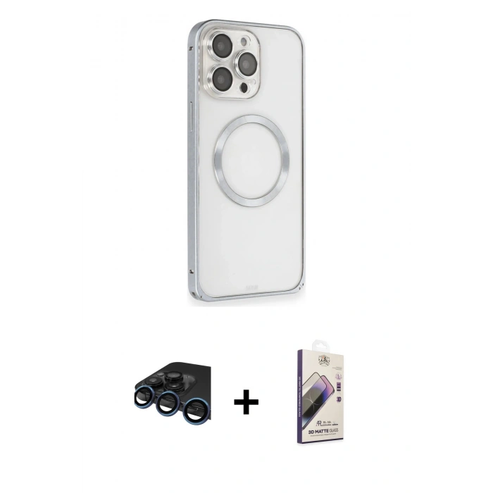 MARSİLYAN™- iPhone 15 Pro Max Kılıf Ahenk Işık Serisi - Siyah Bilvis 3D Mat Cam Ekran Koruyucu + Raze Metal Kamera Lens - LT