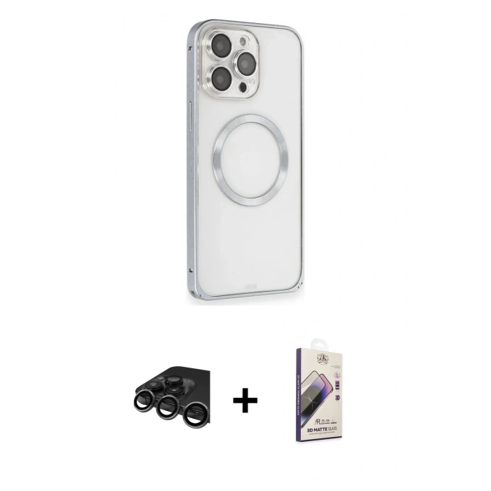 MARSİLYAN™- iPhone 15 Pro Max Kılıf Ahenk Işık Serisi - Siyah Bilvis 3D Mat Cam Ekran Koruyucu + Raze Metal Kamera Lens - TMGI