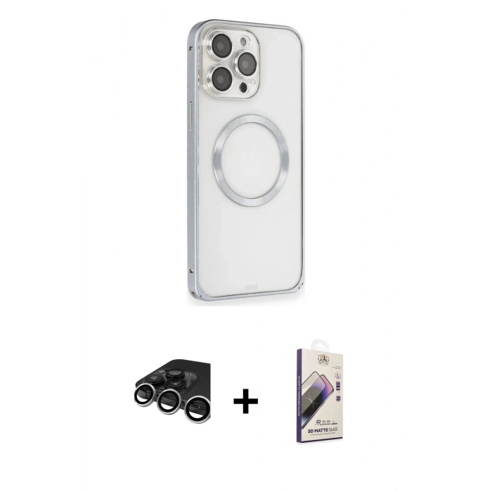 MARSİLYAN™- iPhone 15 Pro Max Kılıf Ahenk Işık Serisi - Siyah Bilvis 3D Mat Cam Ekran Koruyucu + Raze Metal Kamera Lens - GS