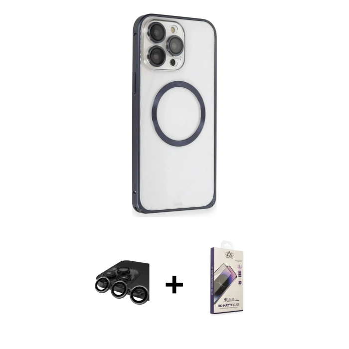 MARSİLYAN™- iPhone 15 Pro Max Kılıf Ahenk Işık Serisi - Siyah Bilvis 3D Mat Cam Ekran Koruyucu + Raze Metal Kamera Lens - TMGI
