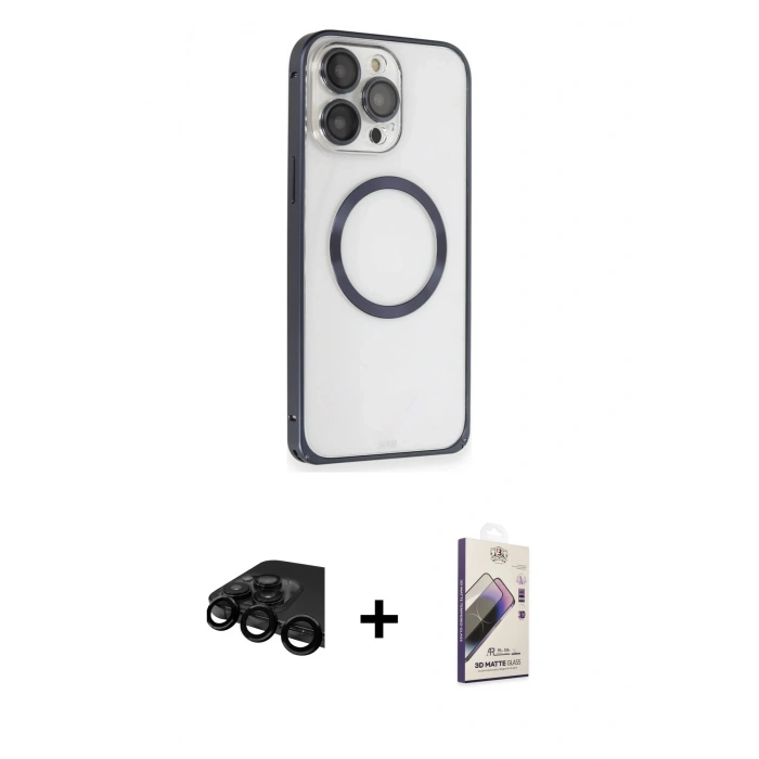 MARSİLYAN™- iPhone 15 Pro Max Kılıf Ahenk Işık Serisi - Siyah Bilvis 3D Mat Cam Ekran Koruyucu + Siyah Raze Metal Kamera Lens