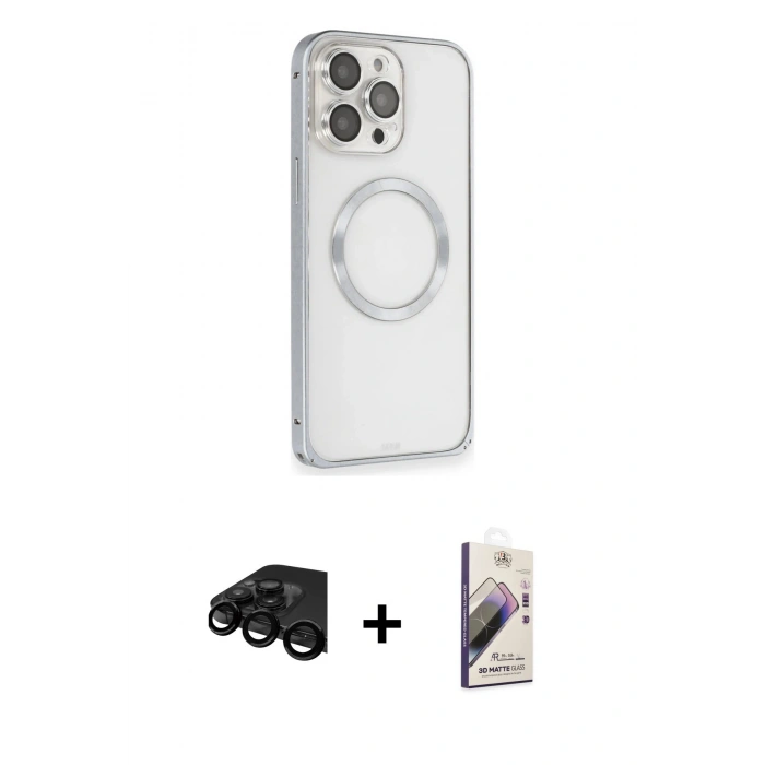 MARSİLYAN™- iPhone 15 Pro Max Kılıf Ahenk Işık Serisi - Siyah Bilvis 3D Mat Cam Ekran Koruyucu + Siyah Raze Metal Kamera Lens