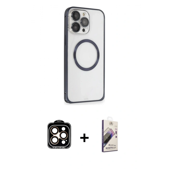 MARSİLYAN™- iPhone 15 Pro Max Kılıf Ahenk Işık Serisi - Siyah Bilvis 3D Mat Cam Ekran Koruyucu + Turuncu PVD Metal Kamera Lens