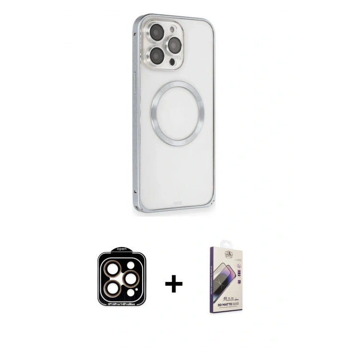 MARSİLYAN™- iPhone 15 Pro Max Kılıf Ahenk Işık Serisi - Siyah Bilvis 3D Mat Cam Ekran Koruyucu + Turuncu PVD Metal Kamera Lens