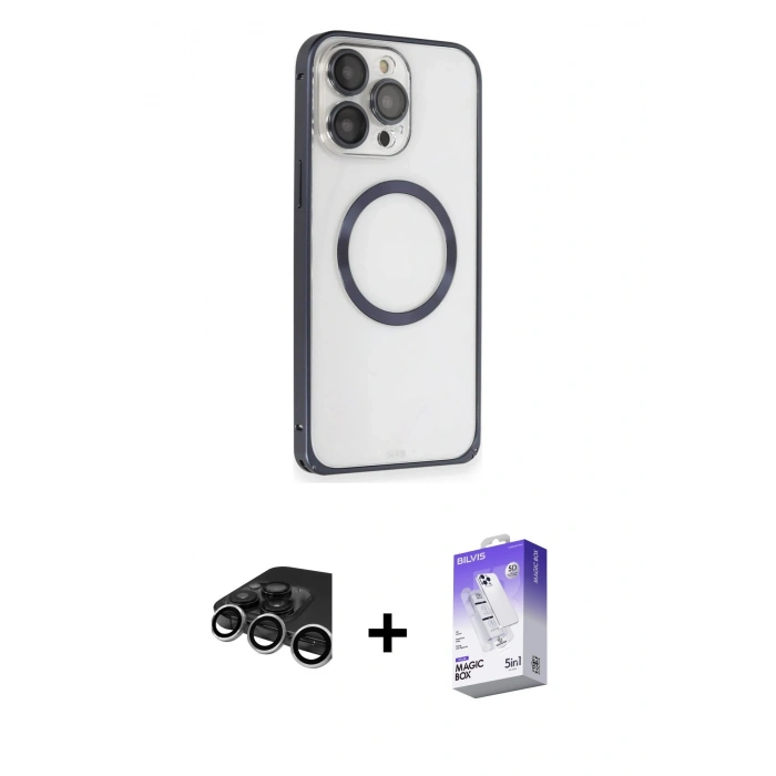 MARSİLYAN™- iPhone 15 Pro Max Kılıf Ahenk Işık Serisi - Siyah Bilvis 5in1 3D Magic Cam Ekran Koruyucu + Raze Metal Kamera Lens - GS