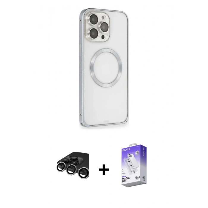 MARSİLYAN™- iPhone 15 Pro Max Kılıf Ahenk Işık Serisi - Siyah Bilvis 5in1 3D Magic Cam Ekran Koruyucu + Raze Metal Kamera Lens - GS
