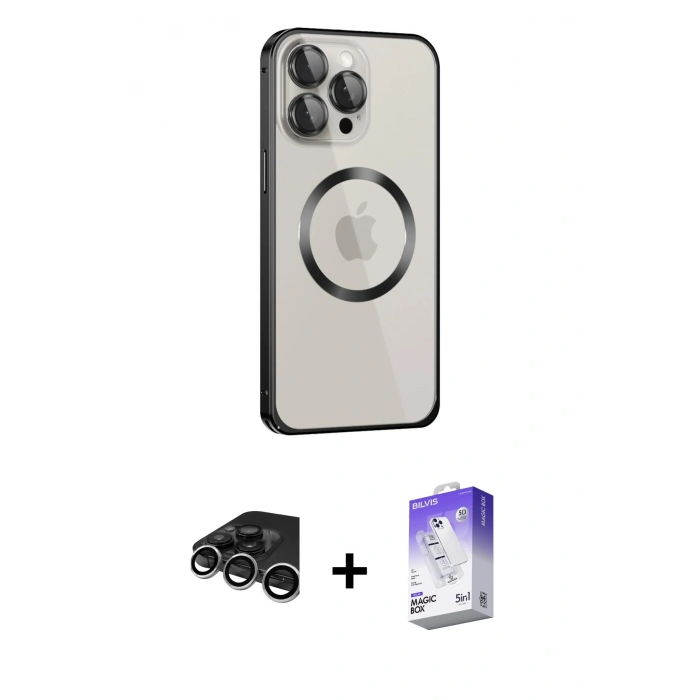 MARSİLYAN™- iPhone 15 Pro Max Kılıf Ahenk Işık Serisi - Siyah Bilvis 5in1 3D Magic Cam Ekran Koruyucu + Raze Metal Kamera Lens - GS
