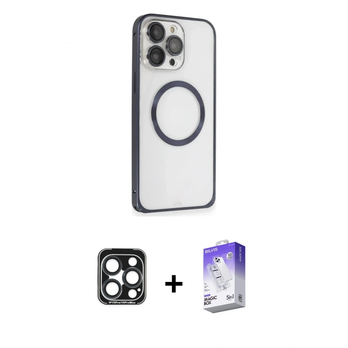 MARSİLYAN™- iPhone 15 Pro Max Kılıf Ahenk Işık Serisi - Siyah Bilvis 5in1 3D Magic Cam Ekran Koruyucu + Lacivert PVD Metal Kamera Lens